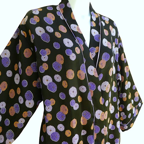 Vintage Natori Josie Satin Kimono Robe Dark Floral Moody Contrasting Piping S - Picture 3 of 6